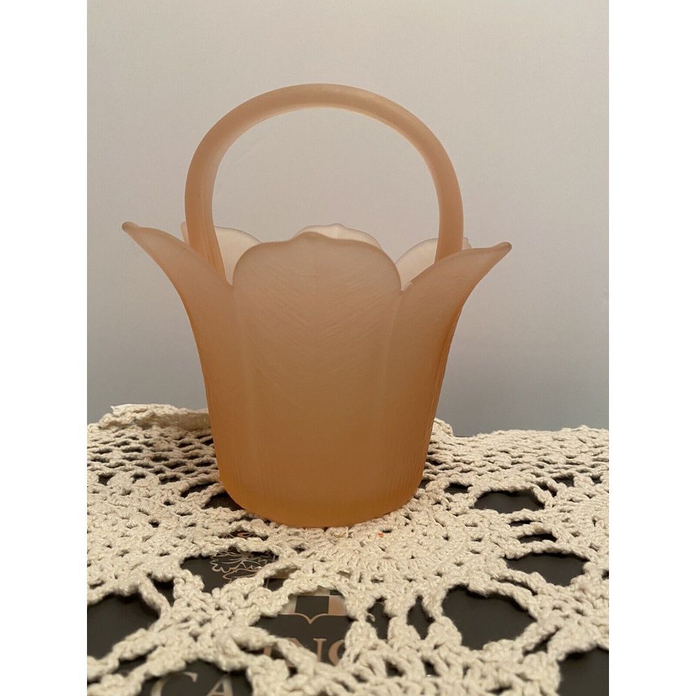 Vintage Mikasa Pink Satin Frosted Glass Tulip Basket Vase w/Handle Made In Japan